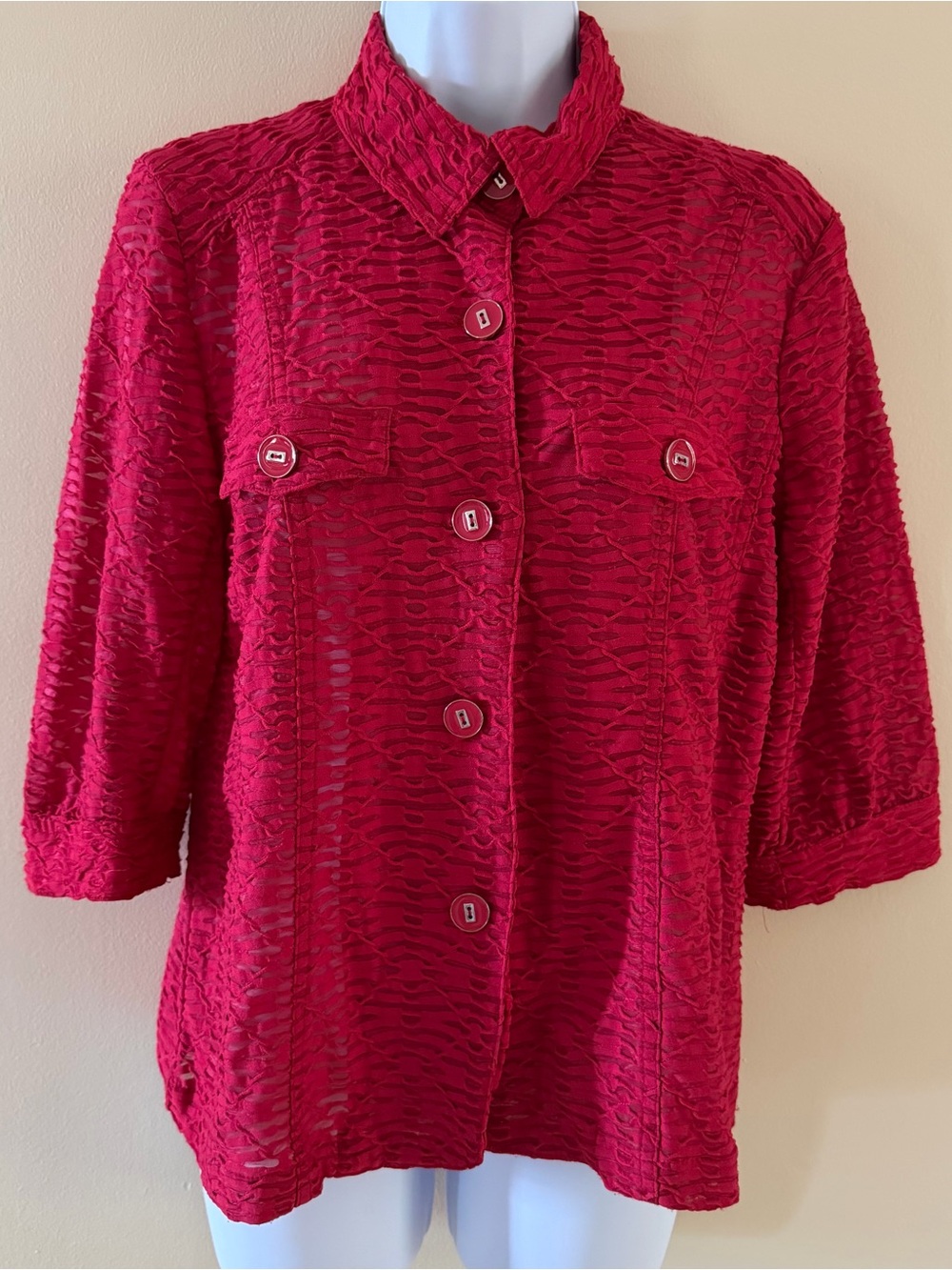 N Touch Women Medium Textured Button Front Blouse Red 3/4 Sleeve Stretch Career